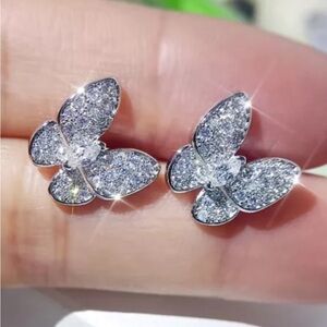 New Lovely Sterling Silver White Sapphire Butterfly Studs